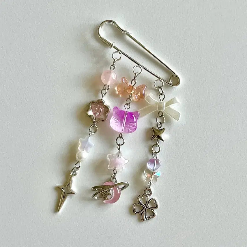 [BUNJANG] Y2K Kitsch Cat Safety Pin Charm / y2k 키치 고양이 행성 옷핀키링(가로5cm)