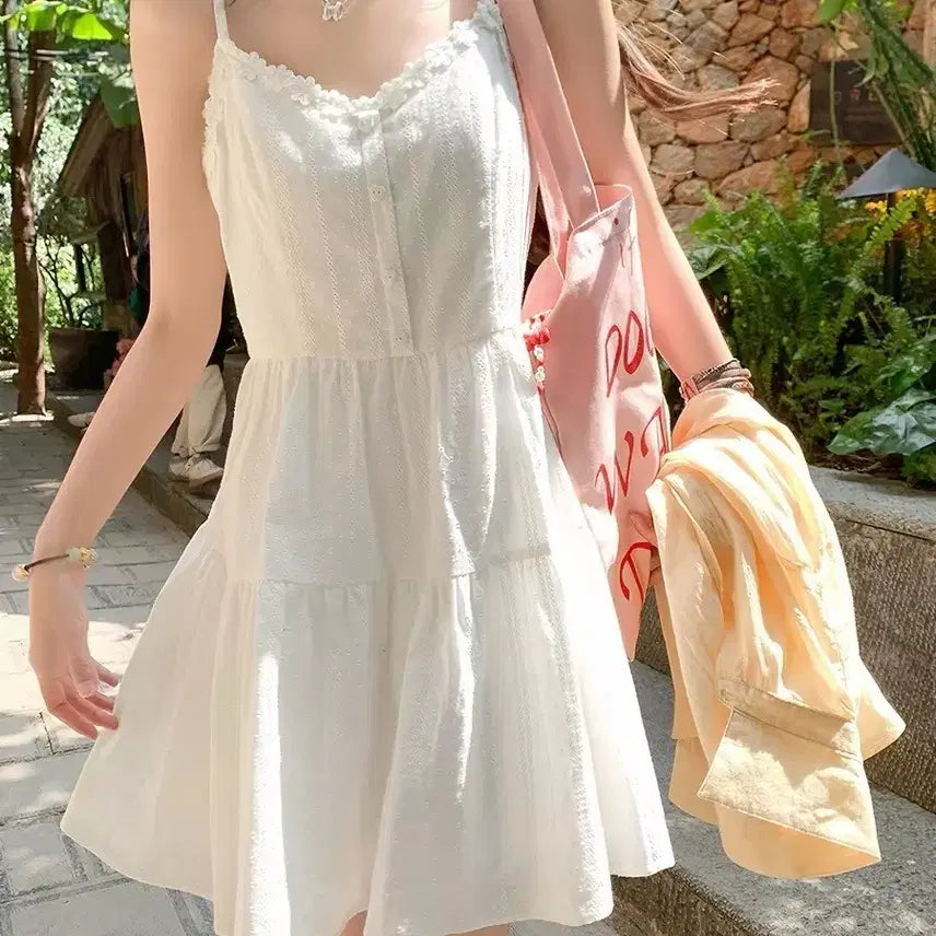 [BUNJANG] White V-Neck Short Dress for Summer Beach Look / 여름 필수 화이트 브이넥 끈 숏원피스 바닷가룩