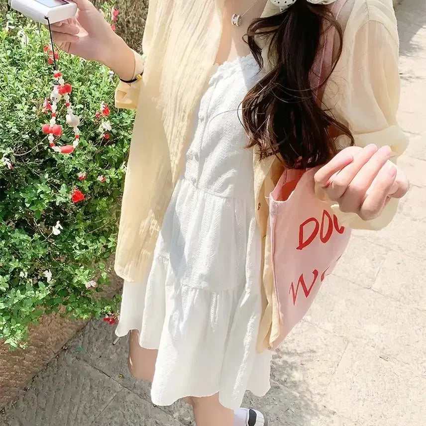 [BUNJANG] White V-Neck Short Dress for Summer Beach Look / 여름 필수 화이트 브이넥 끈 숏원피스 바닷가룩