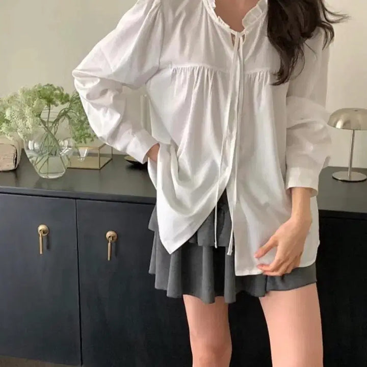 [BUNJANG] Untoy Frill Shirring String Blouse Pink / untoy 프릴 셔링 스트링 블라우스 핑크