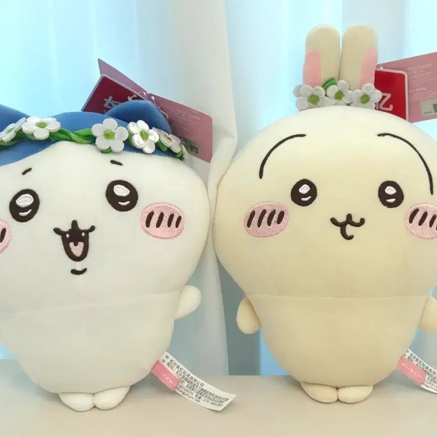 [BUNJANG] Monchichi Chii Key &amp; Usagi Hachware Flower Crown Plush / 먼작귀 치이키와 우사기 하치와레 화관 인형