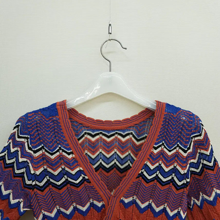 [BUNJANG] Sandro Zigzag Pattern Wrap-Style Short-Sleeve Knit Top / 산드로 지그재그 패턴 랩스타일 반팔 니트 1사이즈