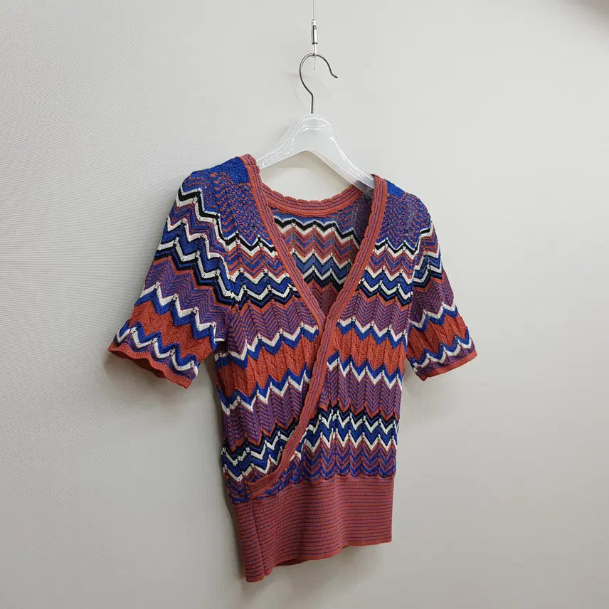 [BUNJANG] Sandro Zigzag Pattern Wrap-Style Short-Sleeve Knit Top / 산드로 지그재그 패턴 랩스타일 반팔 니트 1사이즈