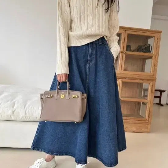 [BUNJANG] Blue Denim Flare Long Skirt / 청 데님 플레어 롱 스커트