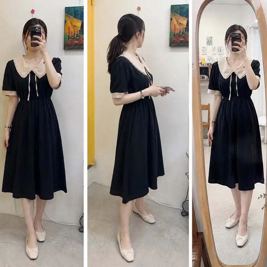 [BUNJANG] Sailor Collar Color Block Ribbon Long Dress / 세일러카라 배색 리본 롱원피스/네이비 베이지/하객룩 데이트룩