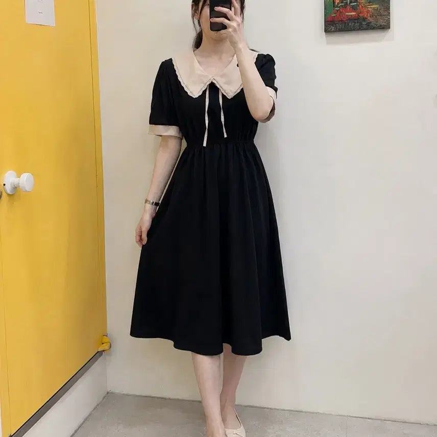 [BUNJANG] Sailor Collar Color Block Ribbon Long Dress / 세일러카라 배색 리본 롱원피스/네이비 베이지/하객룩 데이트룩