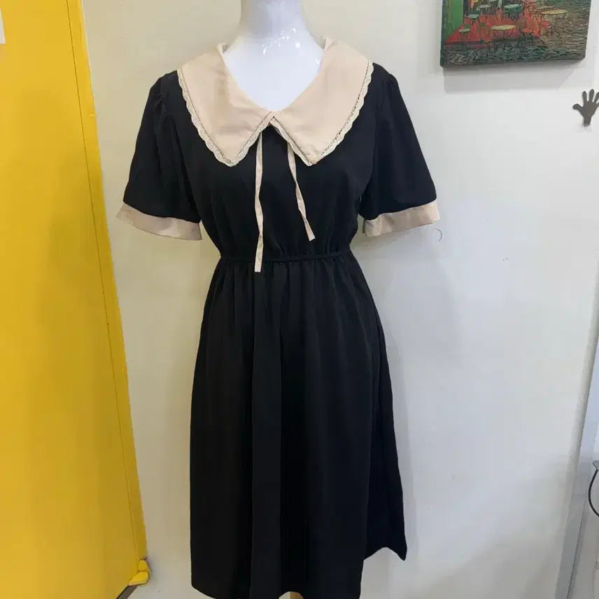 [BUNJANG] Sailor Collar Color Block Ribbon Long Dress / 세일러카라 배색 리본 롱원피스/네이비 베이지/하객룩 데이트룩