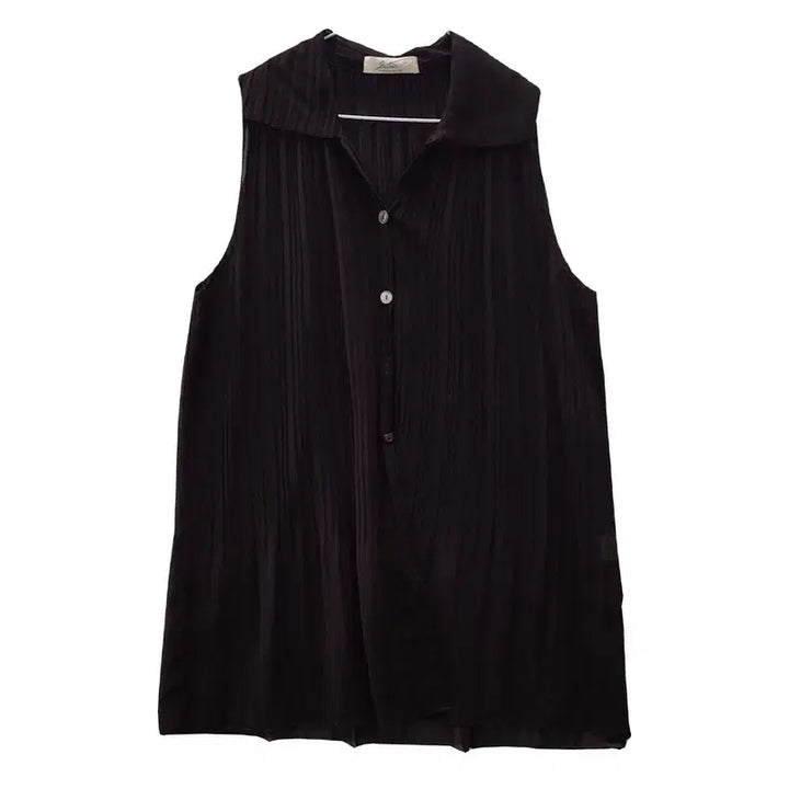 [BUNJANG] Vintage Pleated Sleeveless Blouse Brown / 빈티지 플리츠 브라운 블라우스 슬리브리스 F