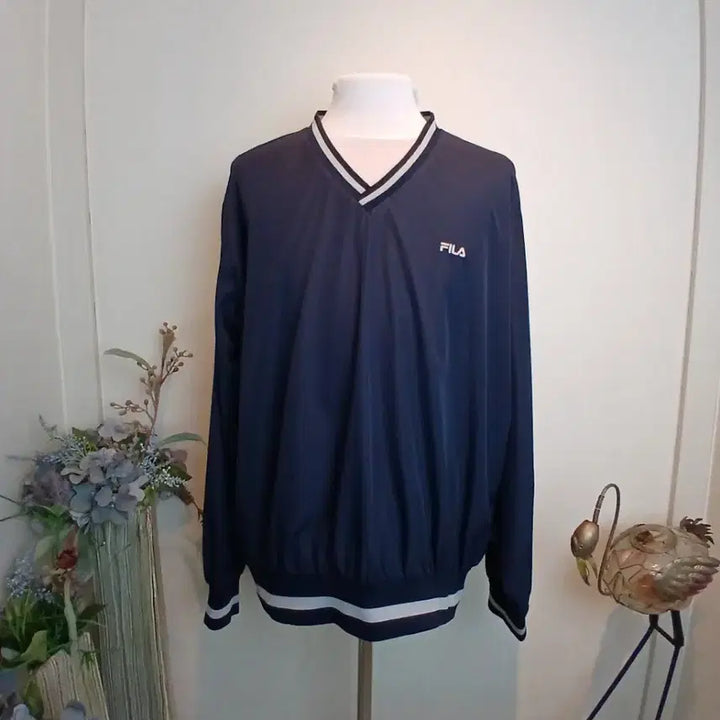 [BUNJANG] Fila Navy V-Neck Pullover Windbreaker / 휠라 네이비 V넥 긴팔 풀오버 바람막이