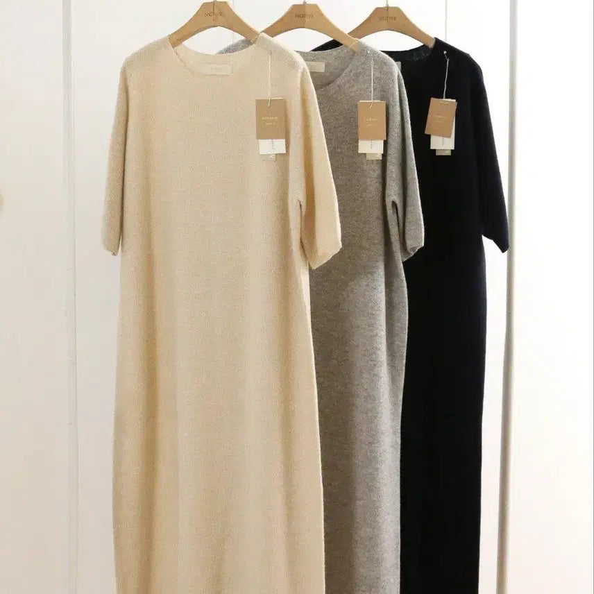 [BUNJANG] Motif Cashmere Whole Garment Short Sleeve Round Neck Knit Dress - Grey / (새상품) 모티브 캐시미어 홀가먼트 반팔 라운드 니트 원피스 그레이