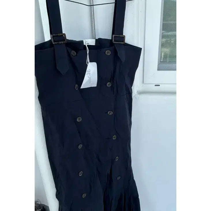 [BUNJANG] Navy Double-Button Strap Long Dress (Large, 66-77) / 네이비 더블 버튼 멜빵 롱원피스66-77 라지