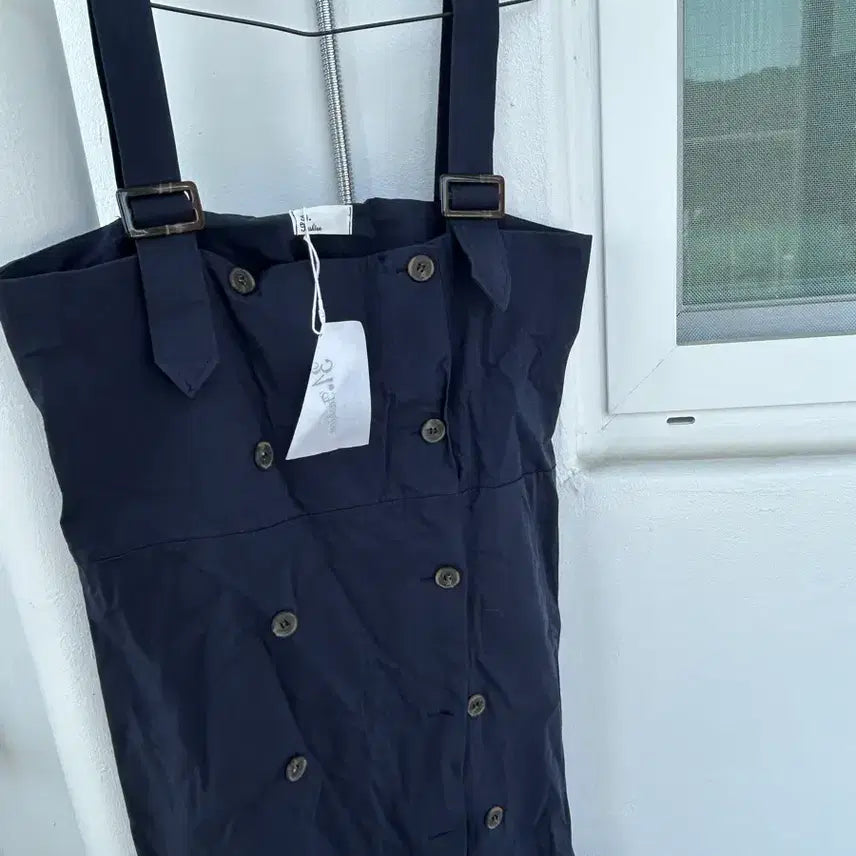 [BUNJANG] Navy Double-Button Strap Long Dress (Large, 66-77) / 네이비 더블 버튼 멜빵 롱원피스66-77 라지