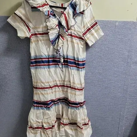 [BUNJANG] Stripe Frill Neck Long Dress / 스트라이프 반팔 롱 원피스 프릴넥