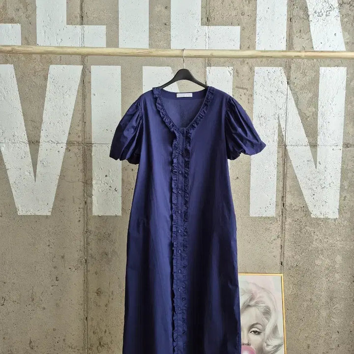[BUNJANG] Navy Frill Puff Sleeve Long Dress / 예쁜핏 프릴 퍼프소매 롱원피스