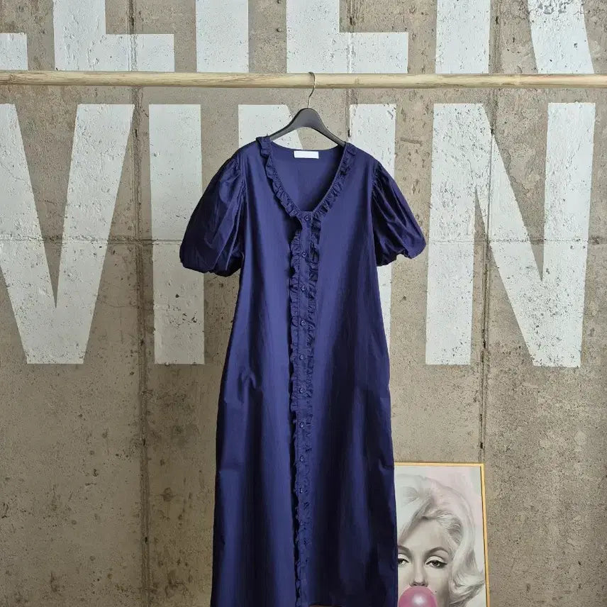 [BUNJANG] Navy Frill Puff Sleeve Long Dress / 예쁜핏 프릴 퍼프소매 롱원피스