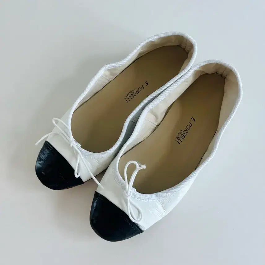[BUNJANG] Porselli Two-Tone Ballet Flats - White/Black Cap Toe, Size 37 / Porselli 포셀리 투톤플랫 - 화이트, 37(240)