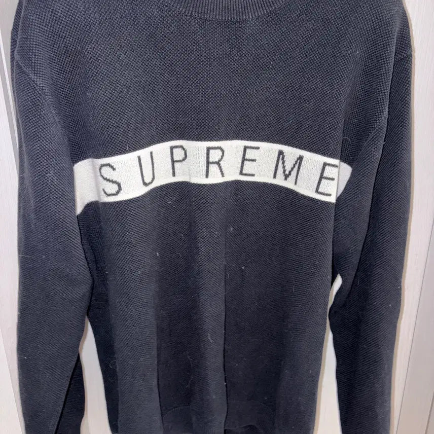 [BUNJANG] Supreme 16FW Logo Stripe Pique Crewneck L / 16Fw 슈프림 로고 스트라이프 피큐 크루넥 L
