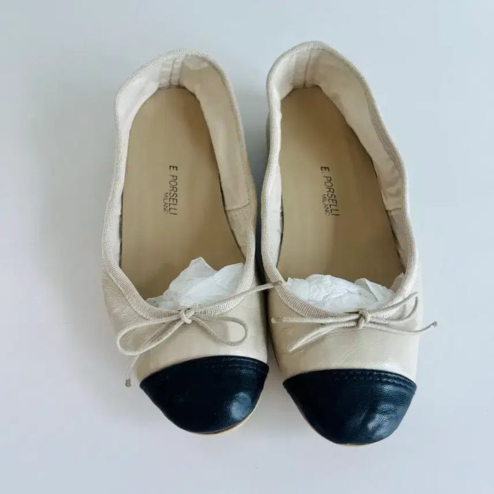 [BUNJANG] Porselli Two-Tone Ballet Flats - Beige/Black, Size 37 (240) / Porselli 포셀리 투톤플랫 베이지색 - 37(240)