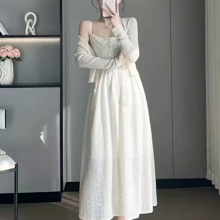 [BUNJANG] Soft Sensibility Lace Strap Dress Cardigan Two-Piece Set for Petite Women / 부드러운 감성 레이스 끈원피스 가디건 투피스 여름 키작녀 슬림 롱원피스
