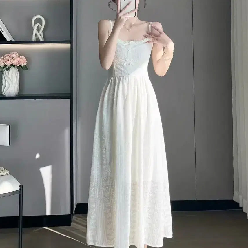 [BUNJANG] Soft Sensibility Lace Strap Dress Cardigan Two-Piece Set for Petite Women / 부드러운 감성 레이스 끈원피스 가디건 투피스 여름 키작녀 슬림 롱원피스