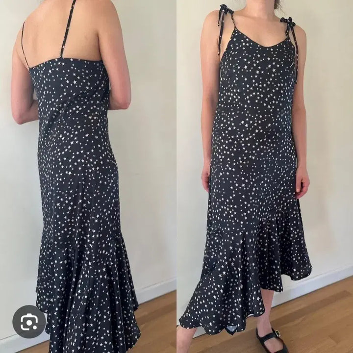 [BUNJANG] Star Pattern Satin Spaghetti Strap Maxi Dress / 별 패턴 끈나시 롱 원피스