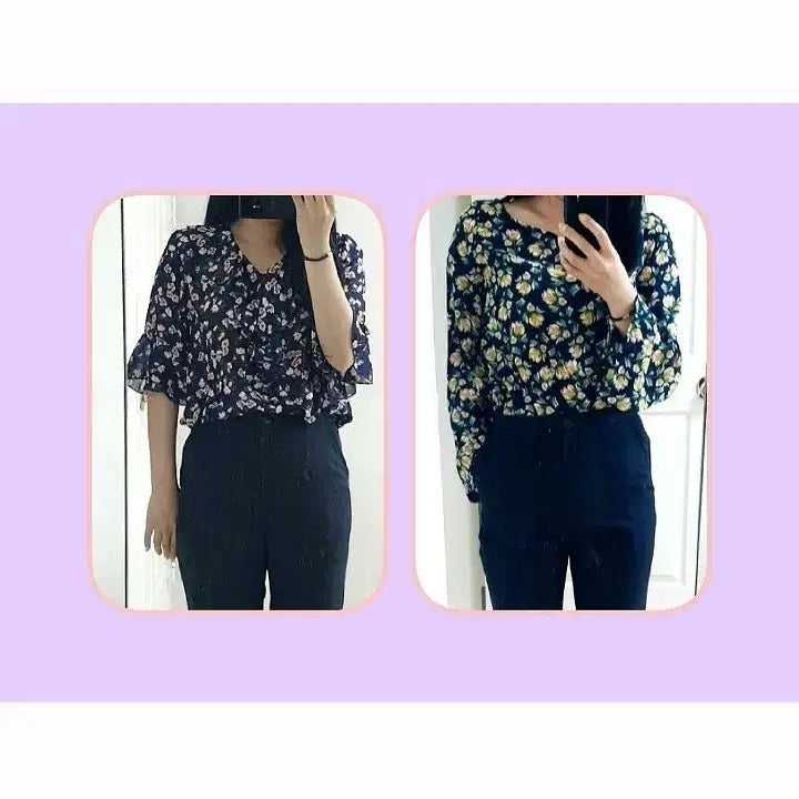 [BUNJANG] Flower Print Ruffle Sleeve Blouse + Wide Sleeve Blouse Set / [새상품]플라워 5부 러플 소매 블라우스+플라워 넓은 소매 블라우스 2벌
