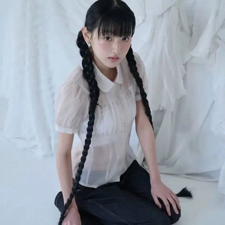 [BUNJANG] MIRECO Shirring Sheer Blouse - Rose Beige / 미레코 SHIRRING SHEER 블라우스 ROSE BEIGE