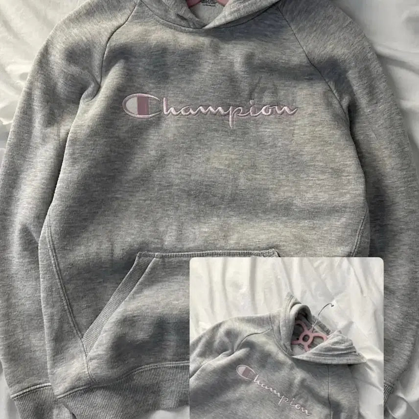 [BUNJANG] Champion Grey Strawberry Milk Hoodie / 챔피온 회색 딸기우유 후드티