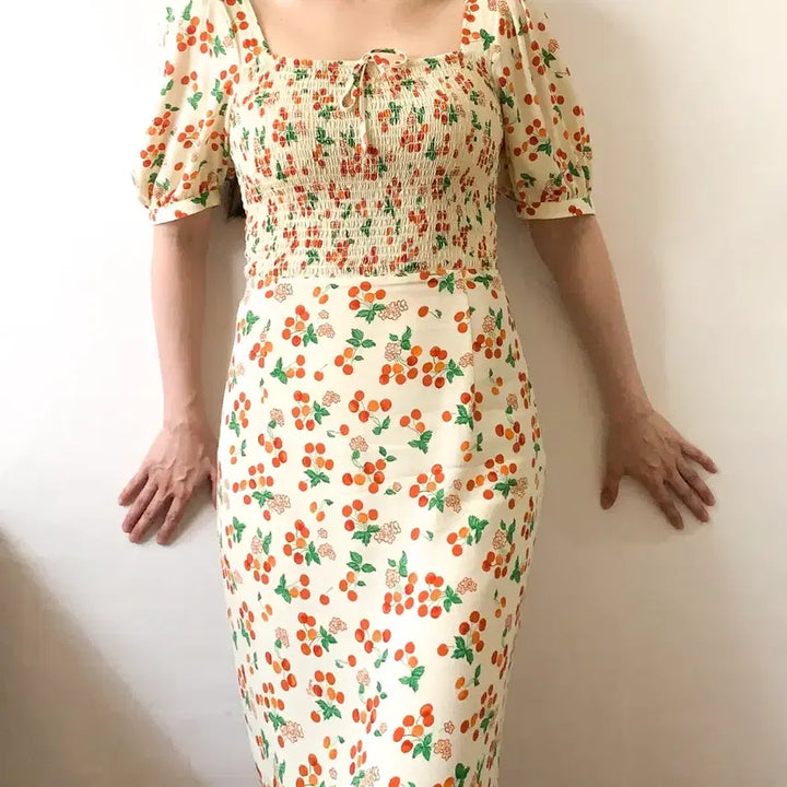 [BUNJANG] Rouje DEBORAH Cherry Print Smocked Dress FR36 / [FR36] Rouje 루즈 후즈 [DEBORAH] 스모크 원피스