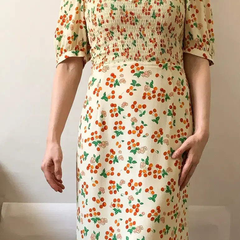 [BUNJANG] Rouje DEBORAH Cherry Print Smocked Dress FR36 / [FR36] Rouje 루즈 후즈 [DEBORAH] 스모크 원피스