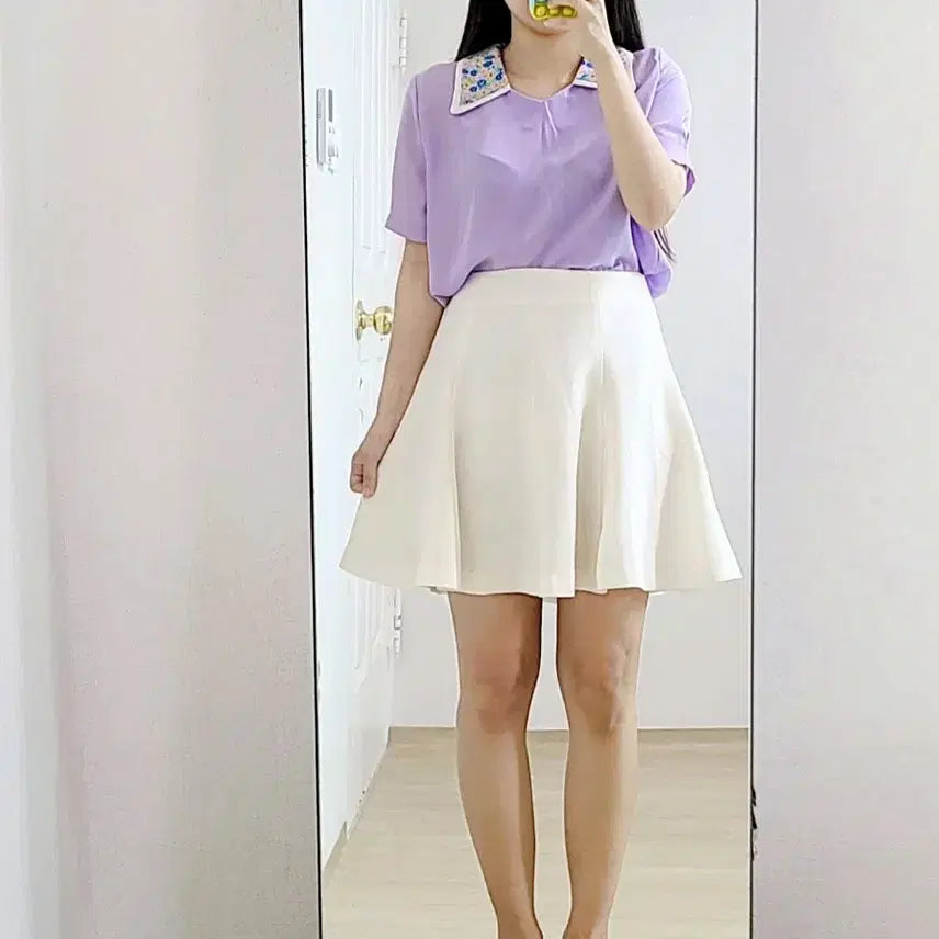 [BUNJANG] Purple Flower Collar Short-Sleeve Blouse / 퍼플 플라워 카라넥 반팔 블라우스