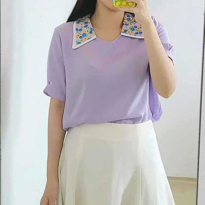 [BUNJANG] Purple Flower Collar Short-Sleeve Blouse / 퍼플 플라워 카라넥 반팔 블라우스