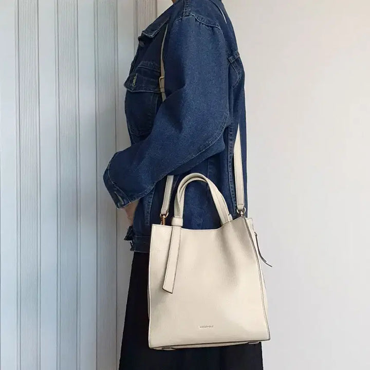 [BUNJANG] Beanpole Square Tote Bag Cross Bag Beige Leather / 빈폴 사각 토트백 크로스백 중고 가방 은피아노