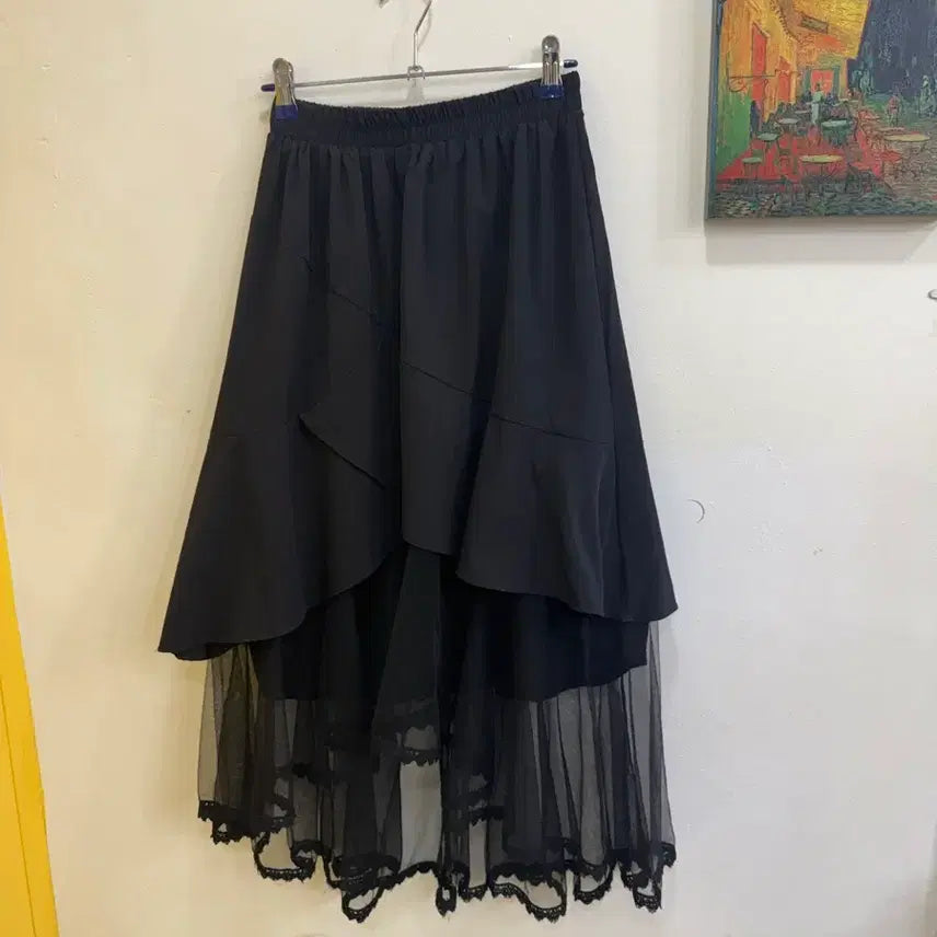 [BUNJANG] Layered Sheer Asymmetrical Ruffle Long Skirt - Black / 레이어드 샤 롱스커트 블랙/언발 캉캉 시스루 스커트/페미닌 꾸안꾸