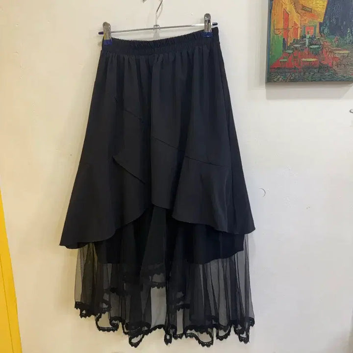 [BUNJANG] Layered Sheer Asymmetrical Ruffle Long Skirt - Black / 레이어드 샤 롱스커트 블랙/언발 캉캉 시스루 스커트/페미닌 꾸안꾸