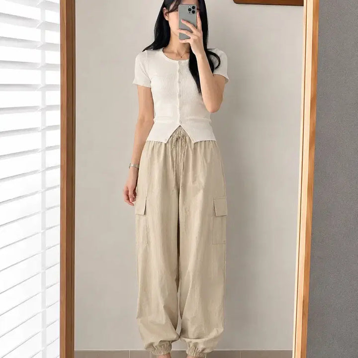 [BUNJANG] Blackline Cargo Jogger Pants Beige / 블랙라인 카고 조거팬츠 베이지 / 바스락 밴딩 와이드팬츠