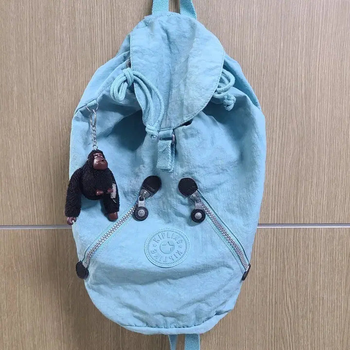 [BUNJANG] Kipling Drawstring Backpack Sky Blue with Charm / 키플링 드로스트링 백팩 하늘색 + 키링 포함