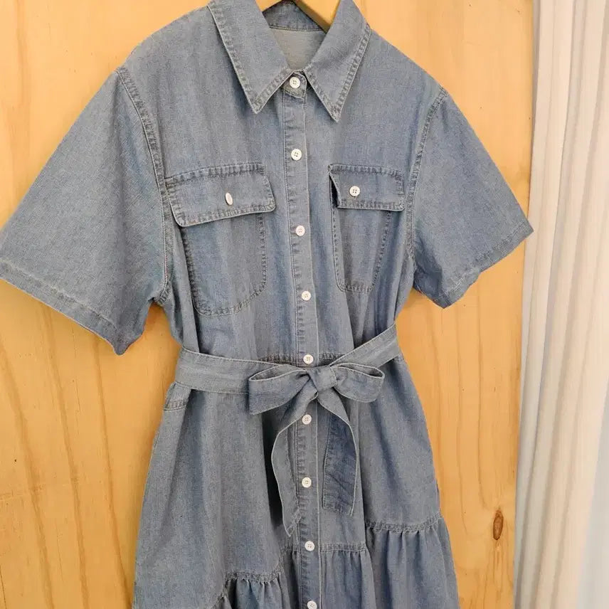 [BUNJANG] Denim Ruffle Dress with Belt / 데님 벨트 캉캉 연청 원피스 (새옷)