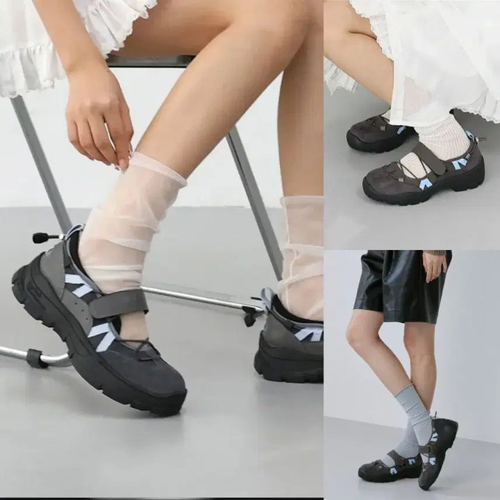 [BUNJANG] Velcro Mary Jane Platform Sneakers - Dark Grey Suede / 벨크로 메리제인 운동화 찍찍이 통굽 스트링 스트랩 그레이 스니커즈