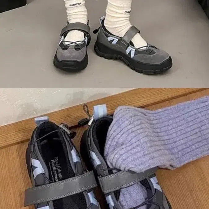 [BUNJANG] Velcro Mary Jane Platform Sneakers - Dark Grey Suede / 벨크로 메리제인 운동화 찍찍이 통굽 스트링 스트랩 그레이 스니커즈