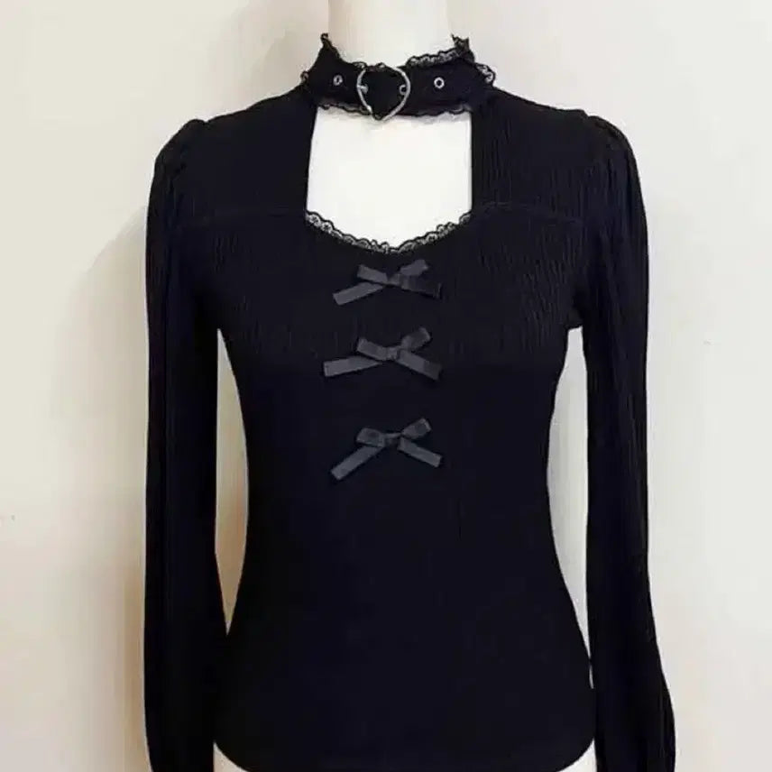 [BUNJANG] Maz Heart Buckle Choker 3-Row Ribbon Knit Blouse / 마즈 하트 버클 초커 쵸커 3연 리본 니트 블라우스 블랙 지뢰계 양지뢰