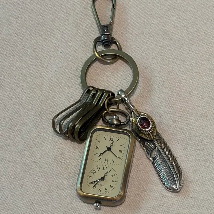 [BUNJANG] Vintage Mood Feather and Clock Pendant Keychain / Time kept in vintage mood