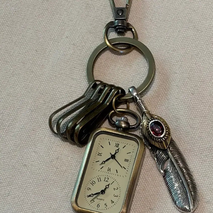 [BUNJANG] Vintage Mood Feather and Clock Pendant Keychain / Time kept in vintage mood