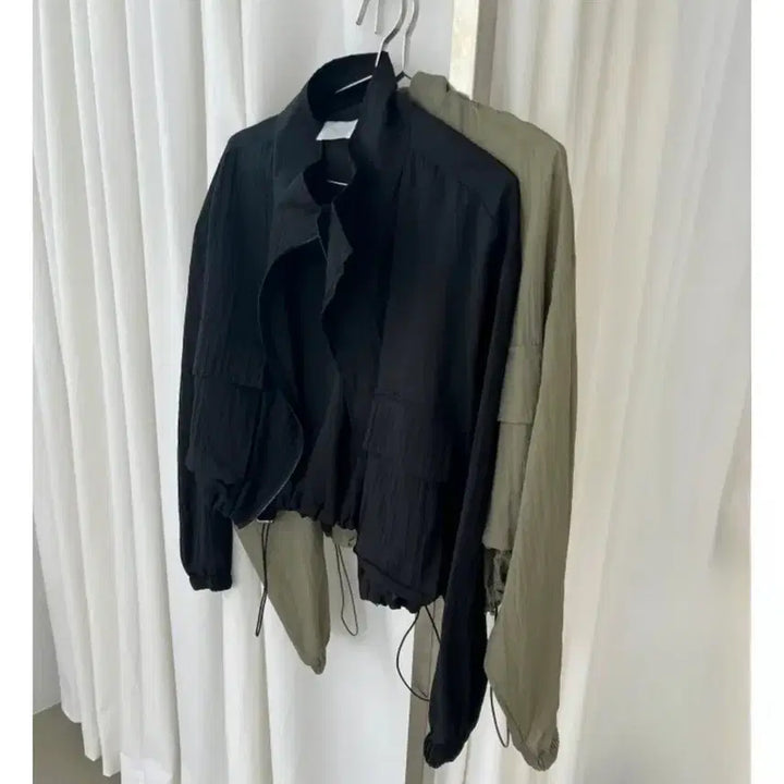 [BUNJANG] High Neck String Windbreaker Jacket (Black/Khaki) / 