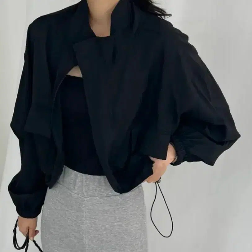 [BUNJANG] High Neck String Windbreaker Jacket (Black/Khaki) / 