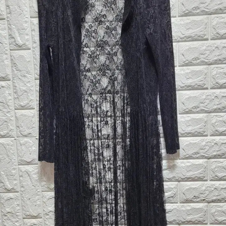 [BUNJANG] Black Lace Long Cardigan Pleated Skirt Style / 블랙 레이스 롱 가디건 플리츠 스커트 스타일
