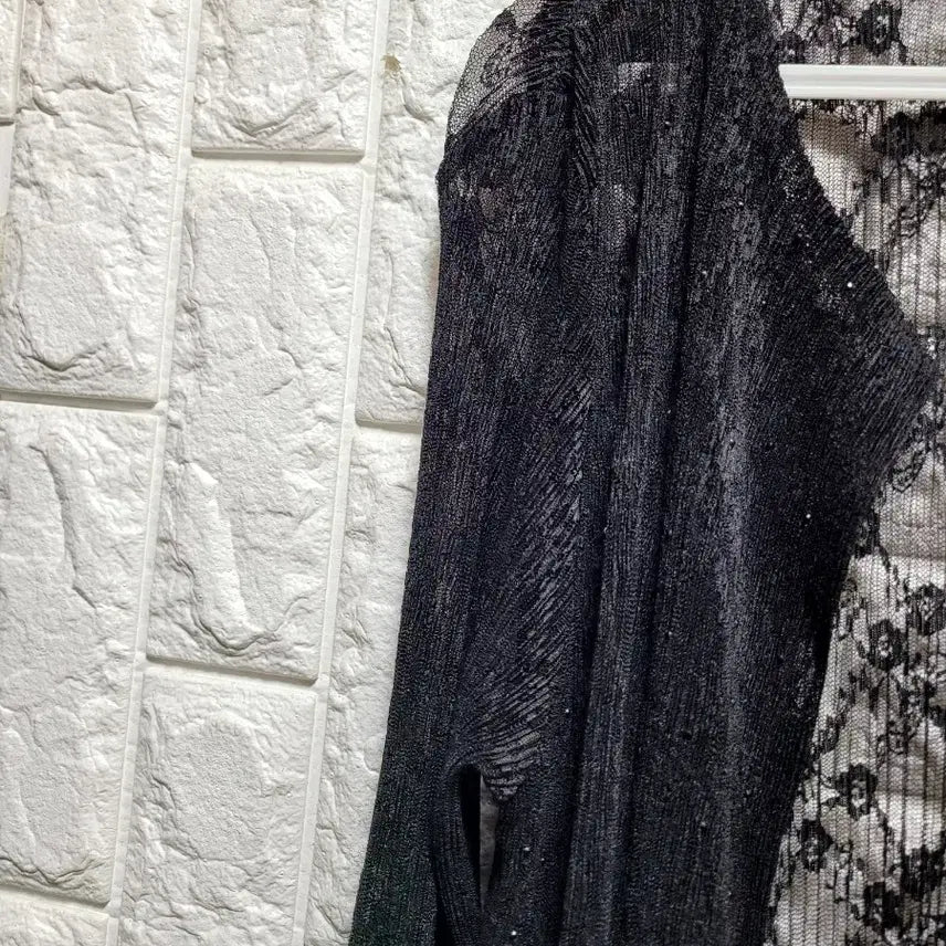 [BUNJANG] Black Lace Long Cardigan Pleated Skirt Style / 블랙 레이스 롱 가디건 플리츠 스커트 스타일