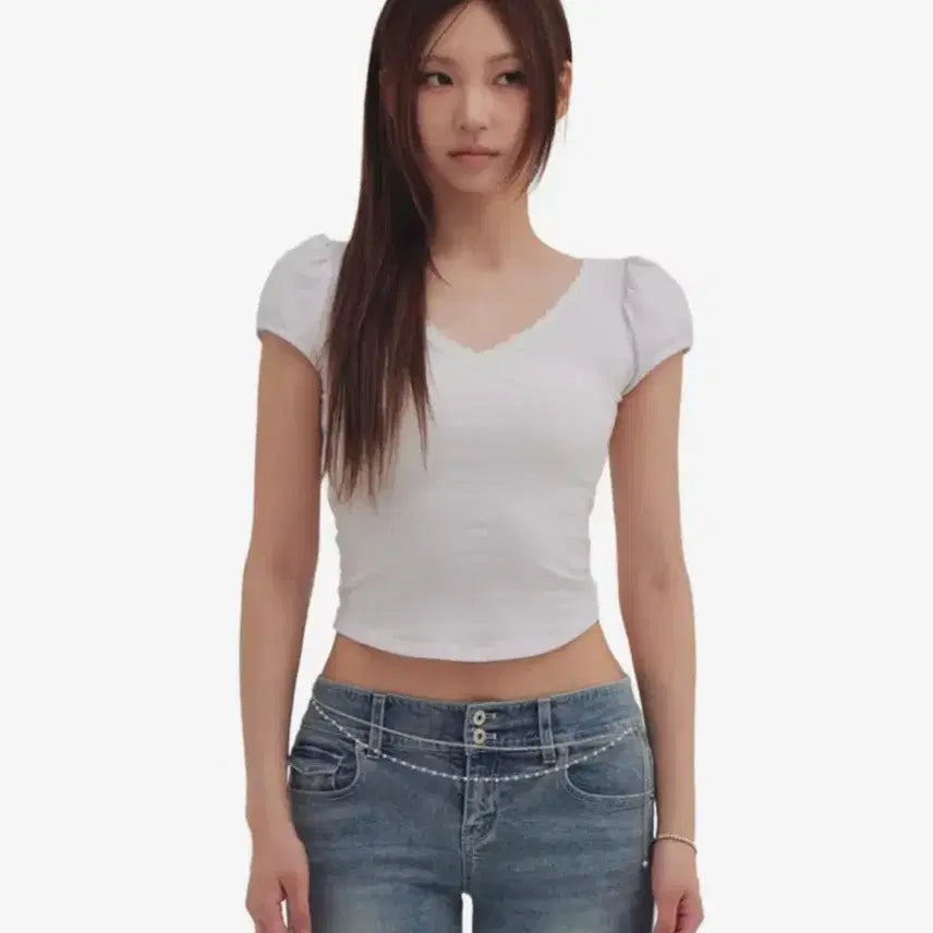 [BUNJANG] Pouring Ribbed Puff T-Shirt White M / 포어링 백리본 퍼프티 화이트 M