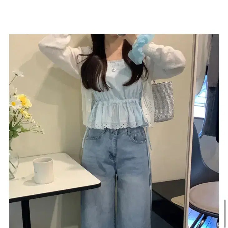 [SOLD OUT] 소녀레시피_ 멜로아 핀턱 레이스 나시 블라우스 bl(스카이블루)