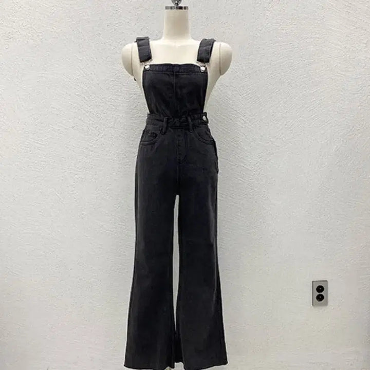 [BUNJANG] Black Denim Bell-Bottom Overalls Pants M Size / 부츠컷 데님 흑청 멜빵 팬츠